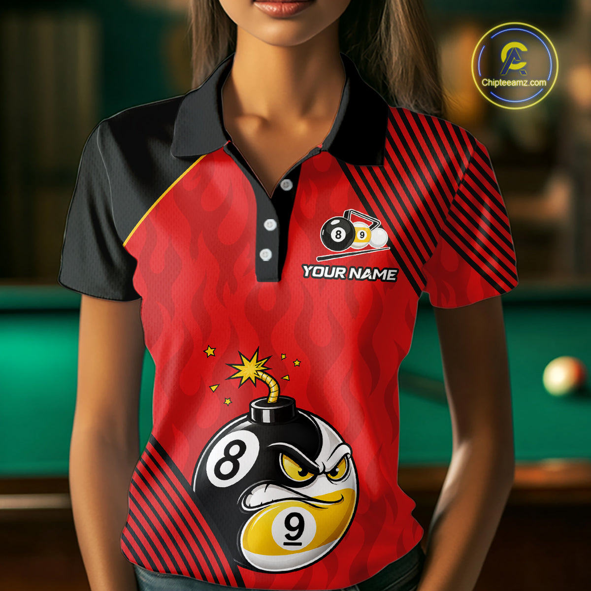 Woman Wearing Personalized Red Funny 8 Ball 9 Ball Pool Bomb Billiard Polo Shirt with Premium Athletic Fit and Vibrant Graphic Artwork, Front View