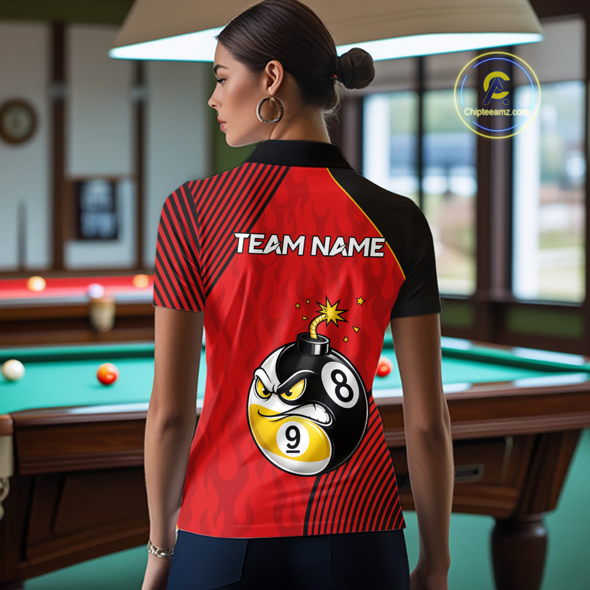 Woman Wearing Personalized Red Funny 8 Ball 9 Ball Pool Bomb Custom Billiard Team Jersey Featuring the Complete Rear Graphic Design, Back View