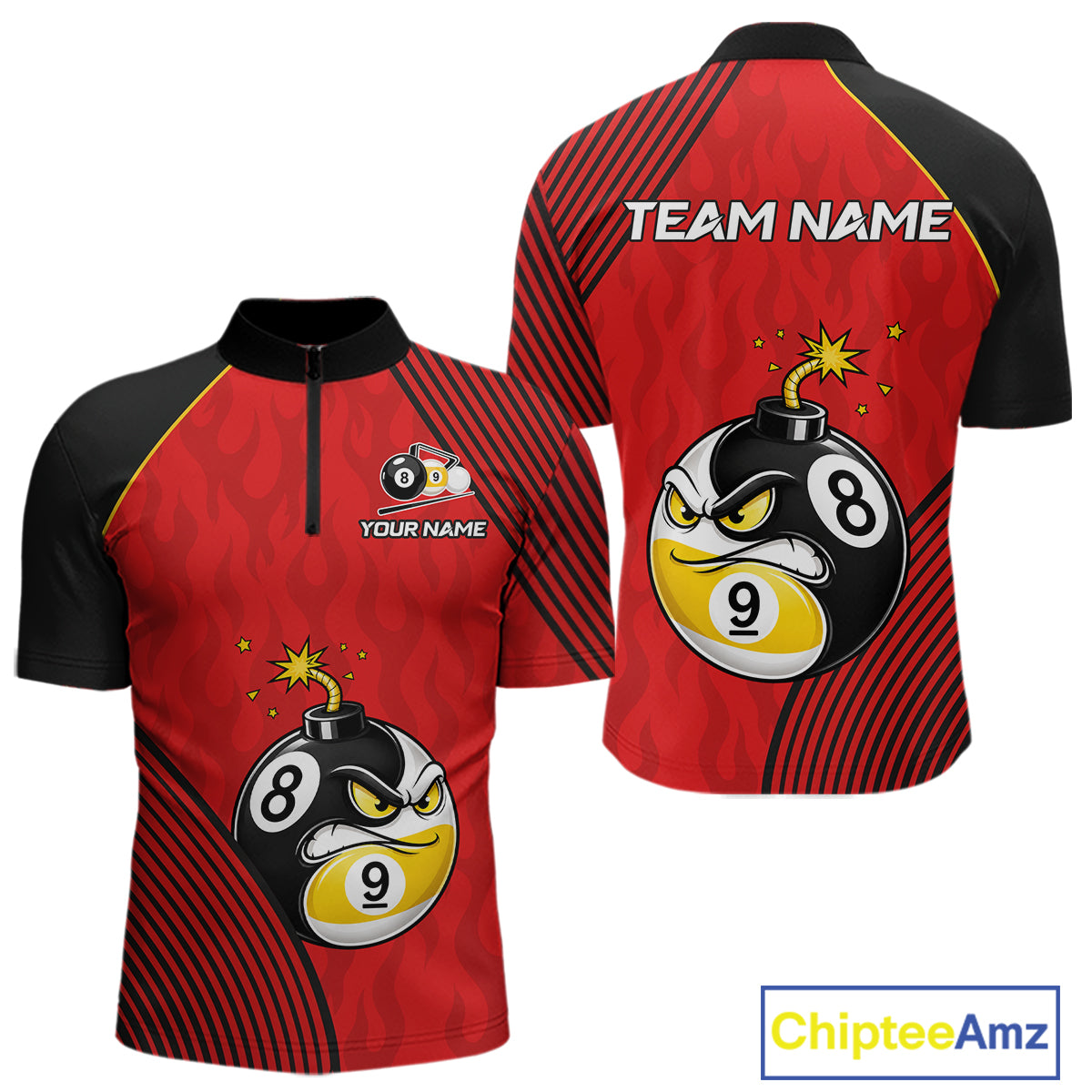 Personalized Red Funny 8 Ball 9 Ball Pool Bomb Quarter Zip Billiard Shirt Created for Pool League Teams with Custom Athletic Performance Style