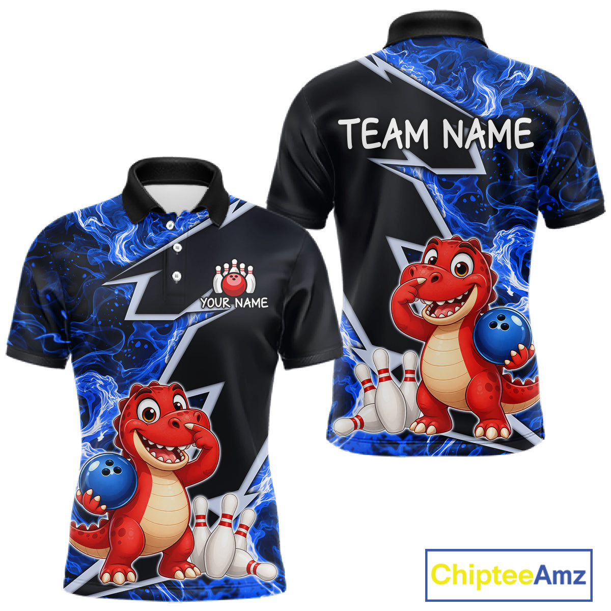 Funny Dinosaur Bowling Jersey For Men Custom Black And Blue Flame Bowling Shirt Polo & 1/4 Zip TDM6367