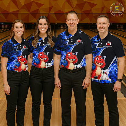 Funny Dinosaur Bowling Jersey For Men Custom Black And Blue Flame Bowling Shirt Polo & 1/4 Zip TDM6367
