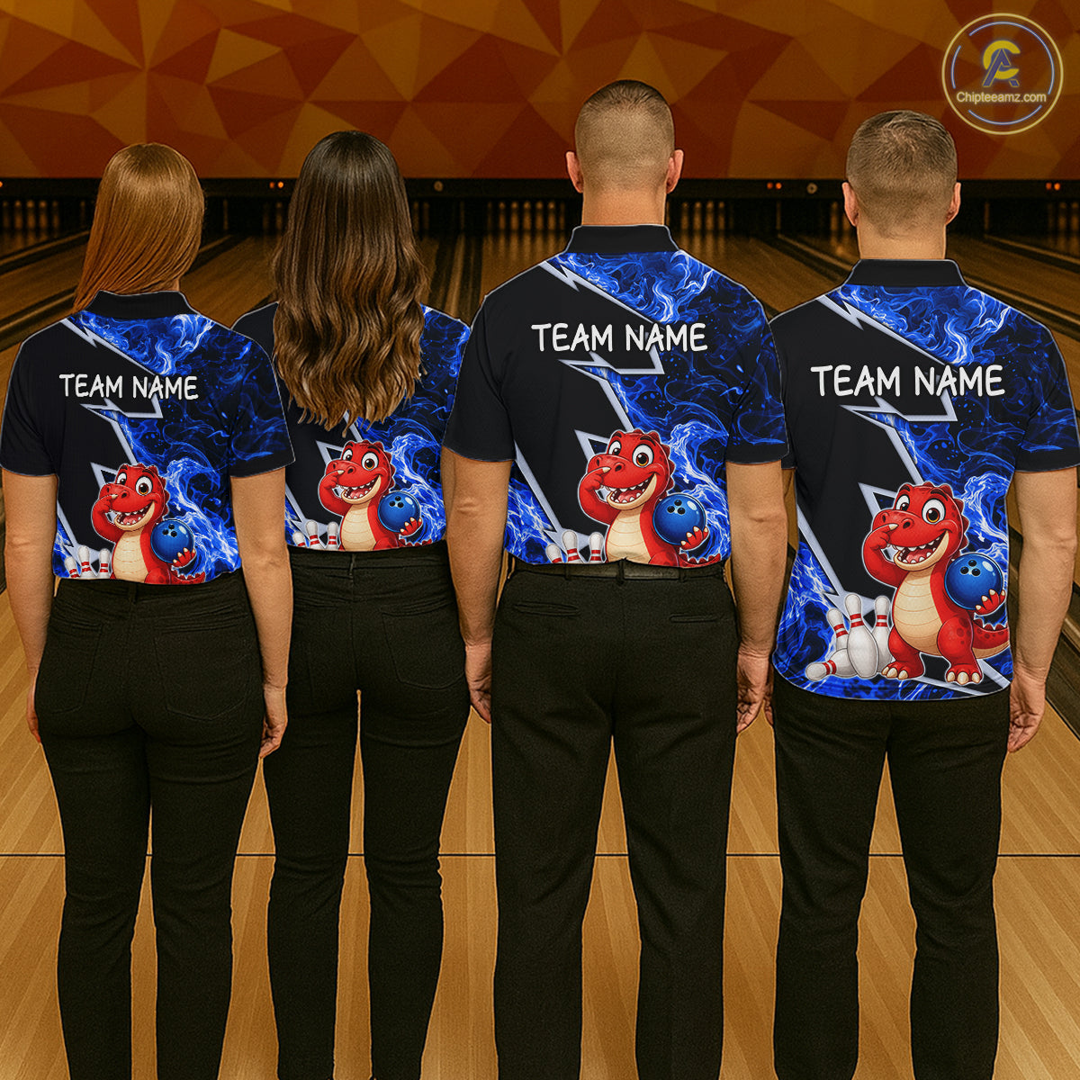 Funny Dinosaur Bowling Jersey For Men Custom Black And Blue Flame Bowling Shirt Polo & 1/4 Zip TDM6367