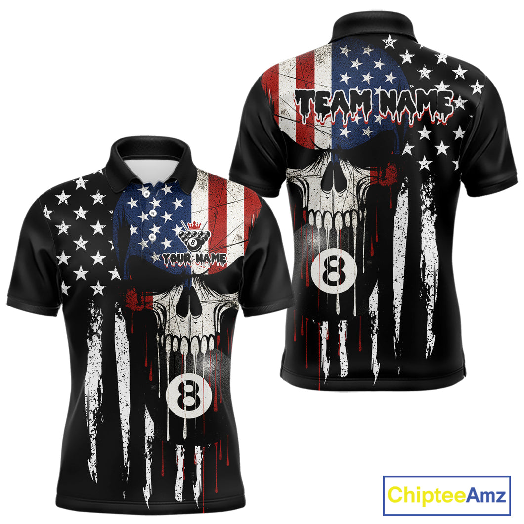 Grunge American Flag Skull 8 Ball Billiard Shirt For Men Custom Patriotic Pool Team Jersey TDM5042