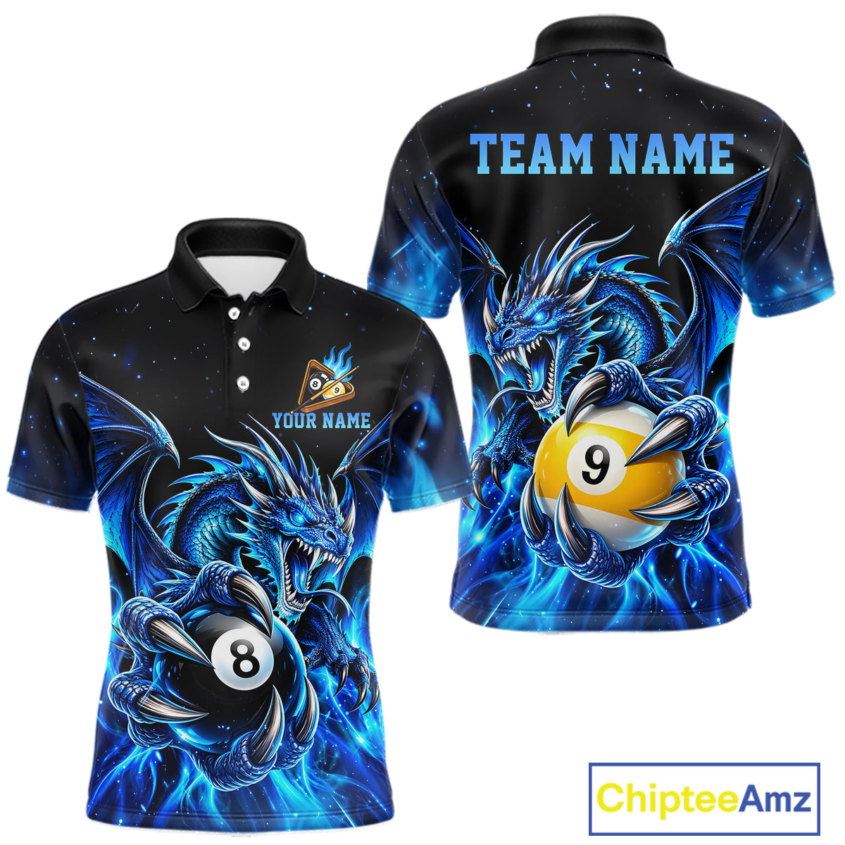 Blue Flaming 8 Ball & 9 Ball Dragon Billiard Shirts For Men Custom Pool Team Jersey Polo & 1/4 Zip TDM7937
