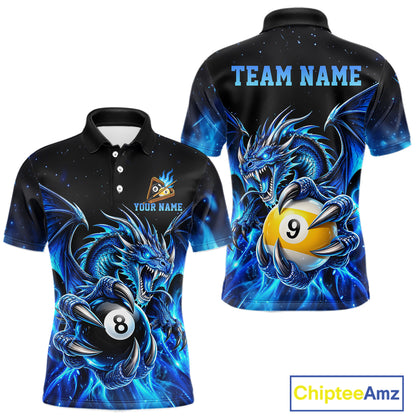 Blue Flaming 8 Ball & 9 Ball Dragon Billiard Shirts For Men Custom Pool Team Jersey Polo & 1/4 Zip TDM7937