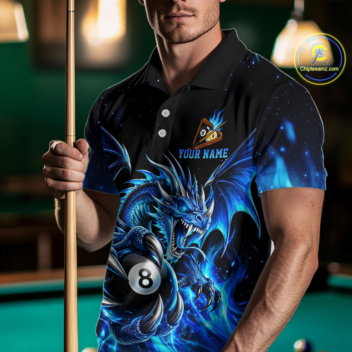 Blue Flaming 8 Ball & 9 Ball Dragon Billiard Shirts For Men Custom Pool Team Jersey Polo & 1/4 Zip TDM7937