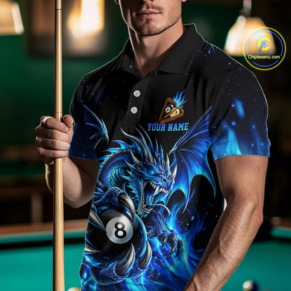 Blue Flaming 8 Ball & 9 Ball Dragon Billiard Shirts For Men Custom Pool Team Jersey Polo & 1/4 Zip TDM7937