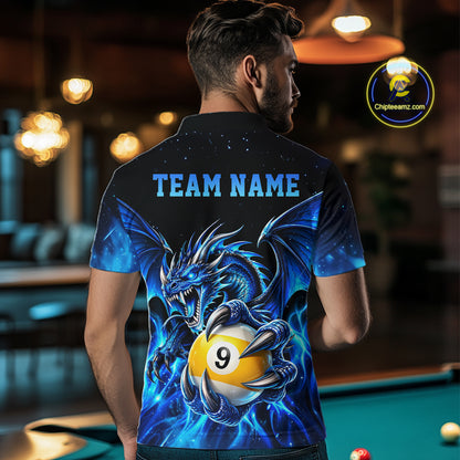 Blue Flaming 8 Ball & 9 Ball Dragon Billiard Shirts For Men Custom Pool Team Jersey Polo & 1/4 Zip TDM7937