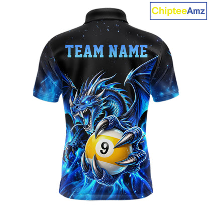 Blue Flaming 8 Ball & 9 Ball Dragon Billiard Shirts For Men Custom Pool Team Jersey Polo & 1/4 Zip TDM7937