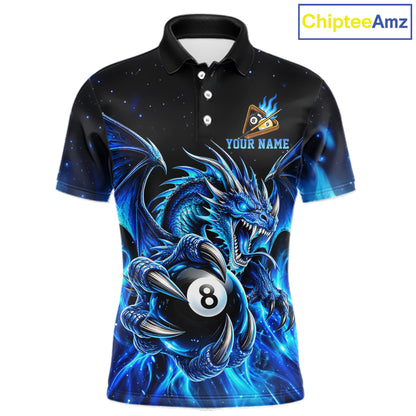 Blue Flaming 8 Ball & 9 Ball Dragon Billiard Shirts For Men Custom Pool Team Jersey Polo & 1/4 Zip TDM7937