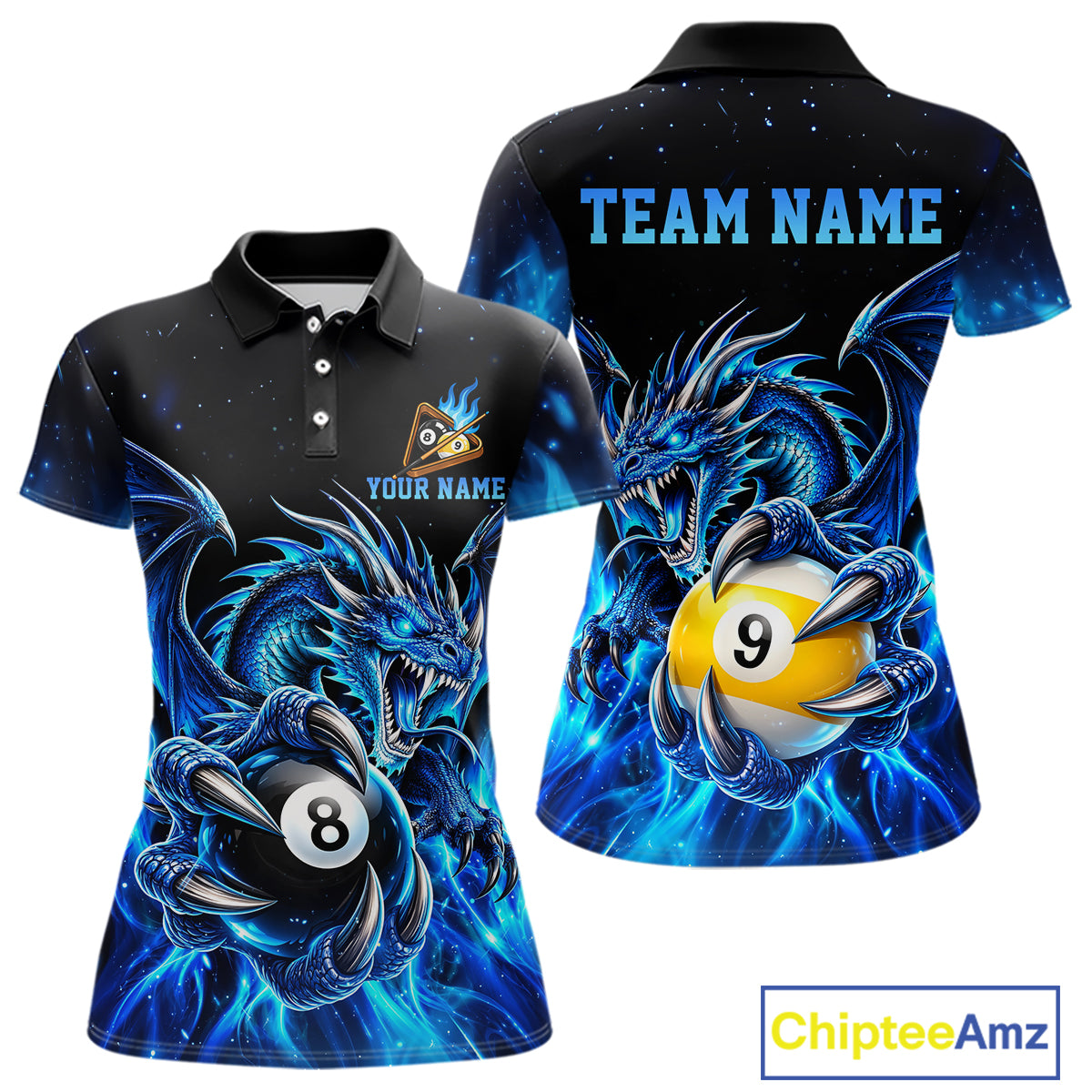 Blue Flaming 8 Ball & 9 Ball Dragon Billiard Shirts For Women Custom Pool Team Jersey Polo & 1/4 Zip TDM7937