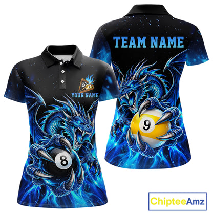 Blue Flaming 8 Ball & 9 Ball Dragon Billiard Shirts For Women Custom Pool Team Jersey Polo & 1/4 Zip TDM7937