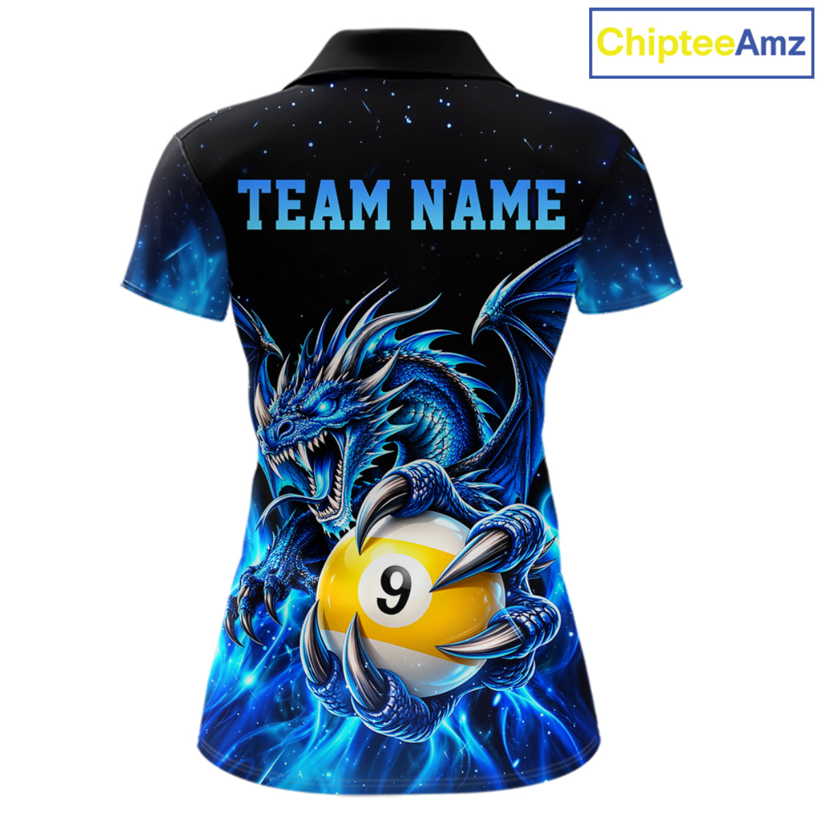 Blue Flaming 8 Ball & 9 Ball Dragon Billiard Shirts For Women Custom Pool Team Jersey Polo & 1/4 Zip TDM7937