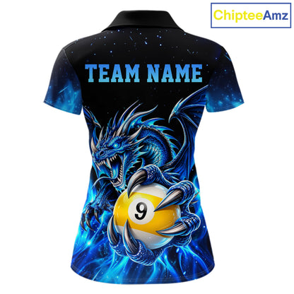Blue Flaming 8 Ball & 9 Ball Dragon Billiard Shirts For Women Custom Pool Team Jersey Polo & 1/4 Zip TDM7937