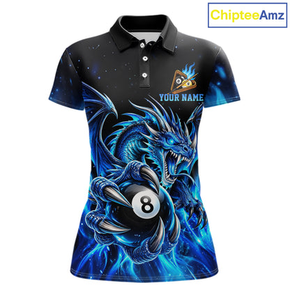 Blue Flaming 8 Ball & 9 Ball Dragon Billiard Shirts For Women Custom Pool Team Jersey Polo & 1/4 Zip TDM7937