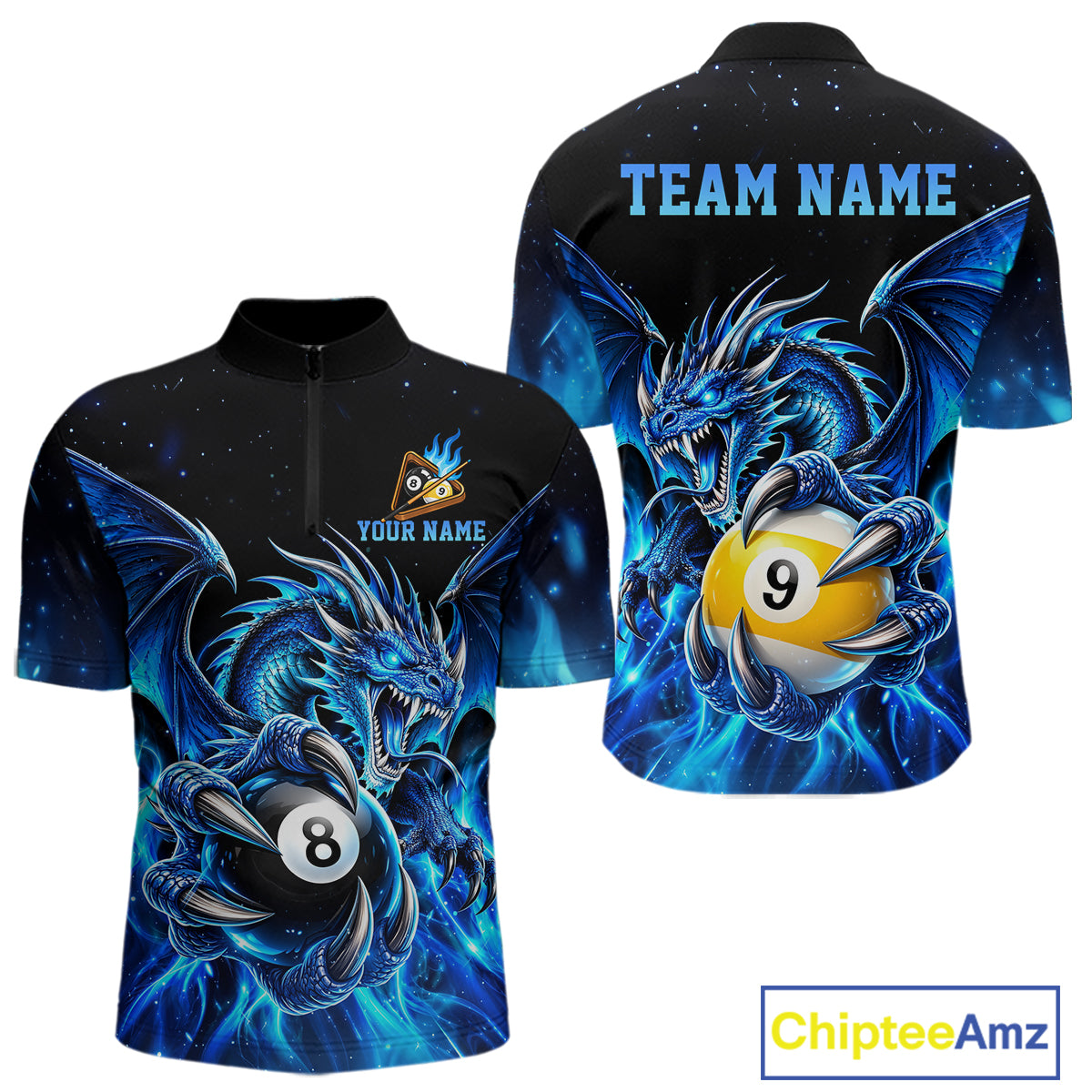 Blue Flaming 8 Ball & 9 Ball Dragon Billiard Shirts For Men Custom Pool Team Jersey Polo & 1/4 Zip TDM7937