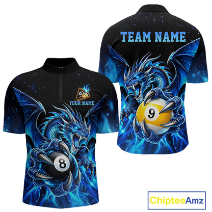 Blue Flaming 8 Ball & 9 Ball Dragon Billiard Shirts For Men Custom Pool Team Jersey Polo & 1/4 Zip TDM7937
