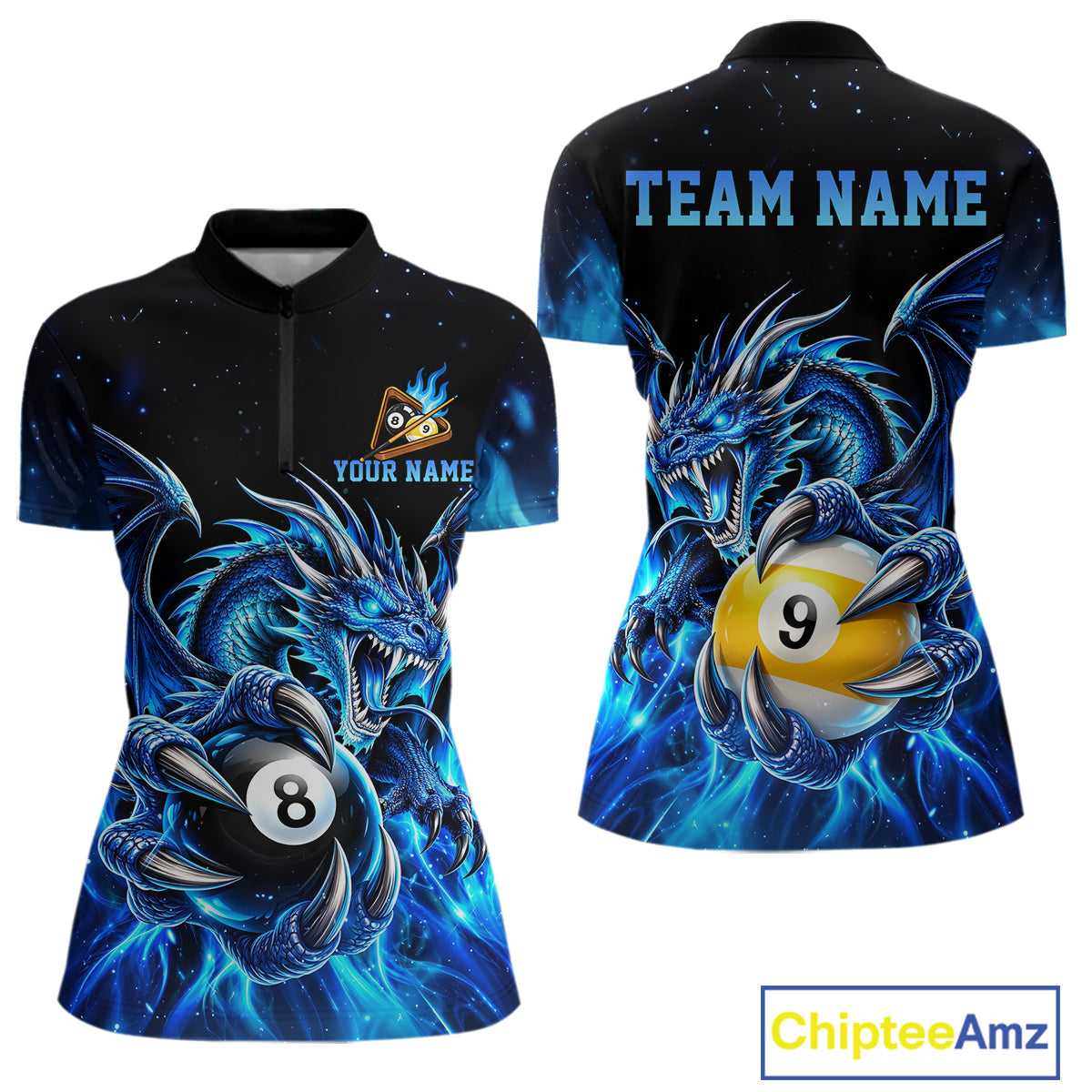 Blue Flaming 8 Ball & 9 Ball Dragon Billiard Shirts For Women Custom Pool Team Jersey Polo & 1/4 Zip TDM7937