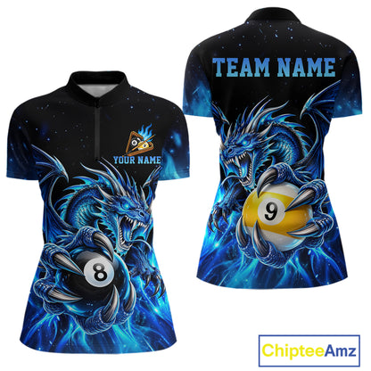 Blue Flaming 8 Ball & 9 Ball Dragon Billiard Shirts For Women Custom Pool Team Jersey Polo & 1/4 Zip TDM7937