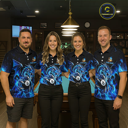 Blue Flaming 8 Ball & 9 Ball Dragon Billiard Shirts For Women Custom Pool Team Jersey Polo & 1/4 Zip TDM7937