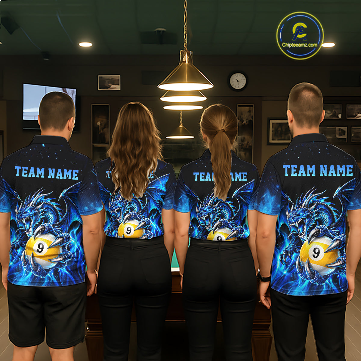 Blue Flaming 8 Ball & 9 Ball Dragon Billiard Shirts For Women Custom Pool Team Jersey Polo & 1/4 Zip TDM7937