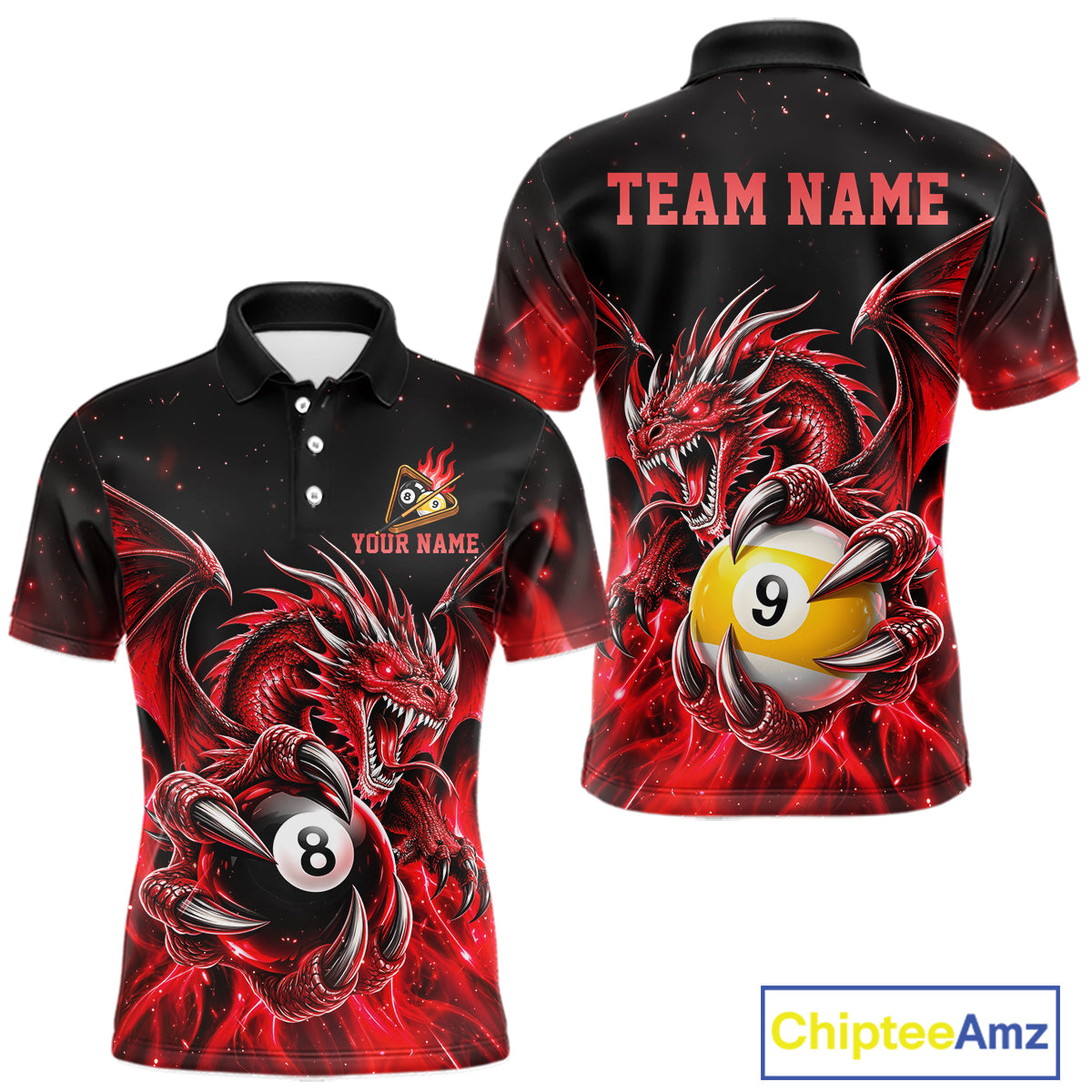 Red Flaming 8 Ball & 9 Ball Dragon Billiard Shirts For Men Custom Pool Team Jersey Polo & 1/4 Zip TDM7938