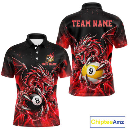 Red Flaming 8 Ball & 9 Ball Dragon Billiard Shirts For Men Custom Pool Team Jersey Polo & 1/4 Zip TDM7938