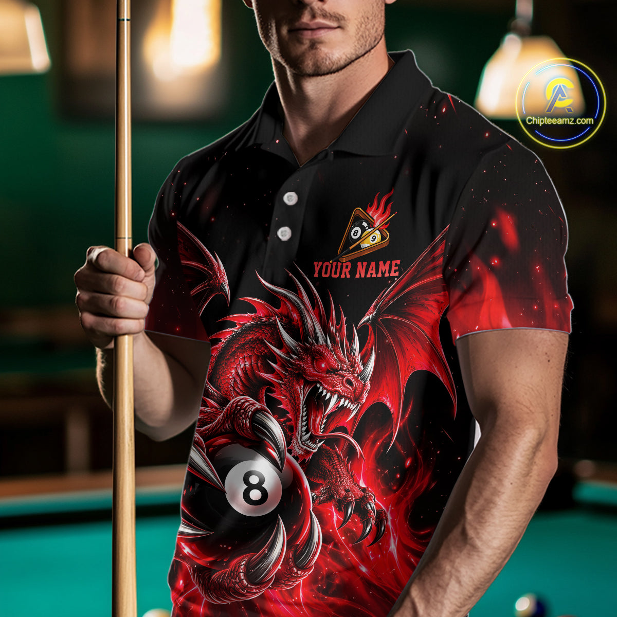 Red Flaming 8 Ball & 9 Ball Dragon Billiard Shirts For Men Custom Pool Team Jersey Polo & 1/4 Zip TDM7938