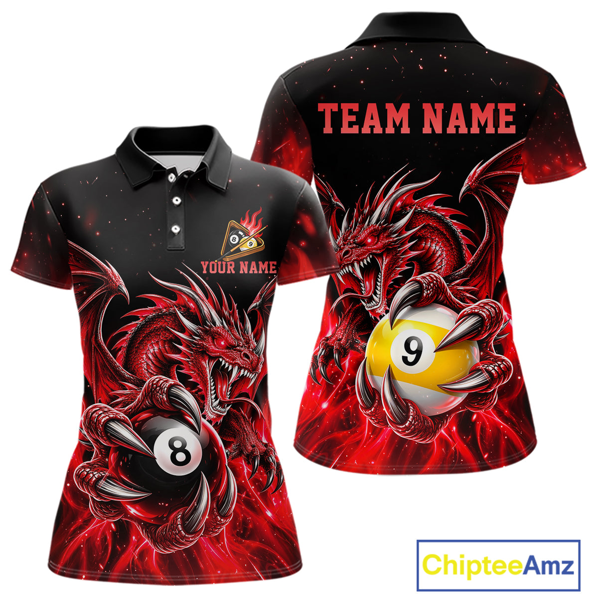 Red Flaming 8 Ball & 9 Ball Dragon Billiard Shirts For Women Custom Pool Team Jersey Polo & 1/4 Zip TDM7938