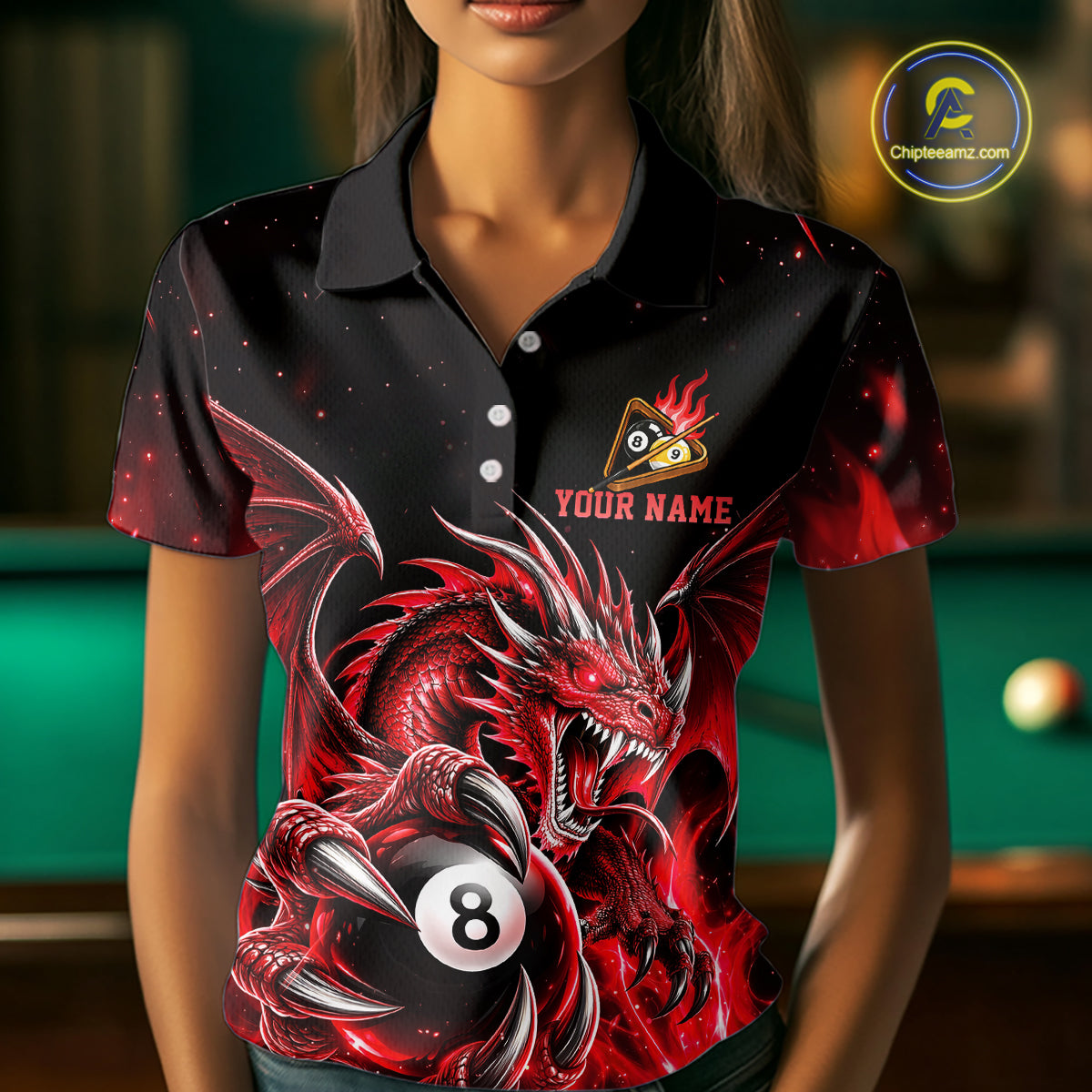 Red Flaming 8 Ball & 9 Ball Dragon Billiard Shirts For Women Custom Pool Team Jersey Polo & 1/4 Zip TDM7938