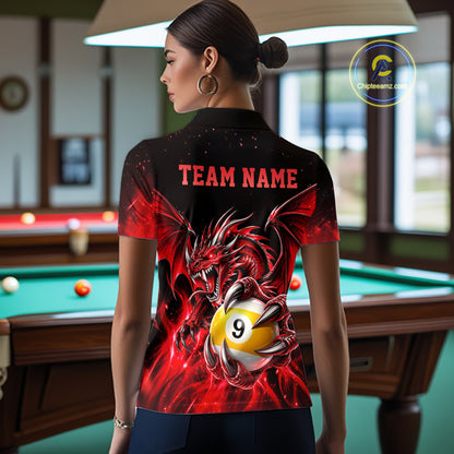 Red Flaming 8 Ball & 9 Ball Dragon Billiard Shirts For Women Custom Pool Team Jersey Polo & 1/4 Zip TDM7938