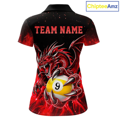 Red Flaming 8 Ball & 9 Ball Dragon Billiard Shirts For Women Custom Pool Team Jersey Polo & 1/4 Zip TDM7938