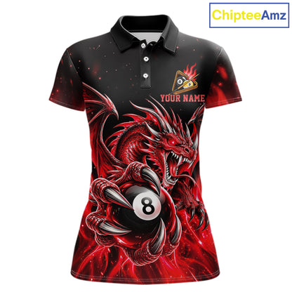 Red Flaming 8 Ball & 9 Ball Dragon Billiard Shirts For Women Custom Pool Team Jersey Polo & 1/4 Zip TDM7938