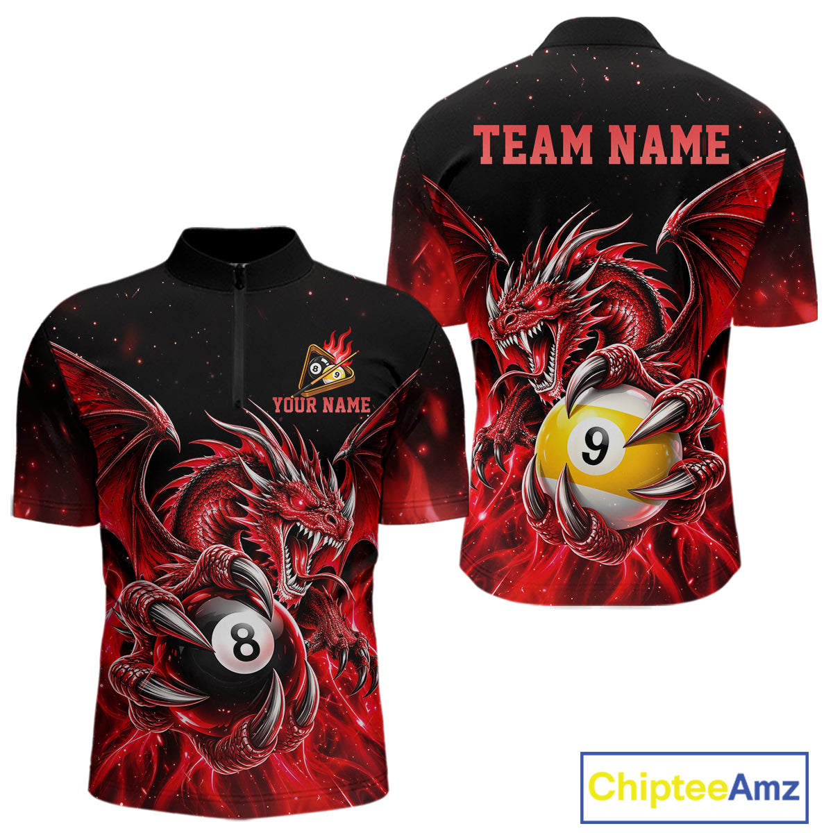 Red Flaming 8 Ball & 9 Ball Dragon Billiard Shirts For Men Custom Pool Team Jersey Polo & 1/4 Zip TDM7938