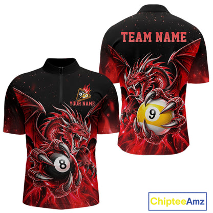 Red Flaming 8 Ball & 9 Ball Dragon Billiard Shirts For Men Custom Pool Team Jersey Polo & 1/4 Zip TDM7938