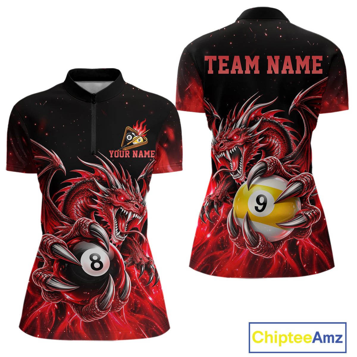 Red Flaming 8 Ball & 9 Ball Dragon Billiard Shirts For Women Custom Pool Team Jersey Polo & 1/4 Zip TDM7938