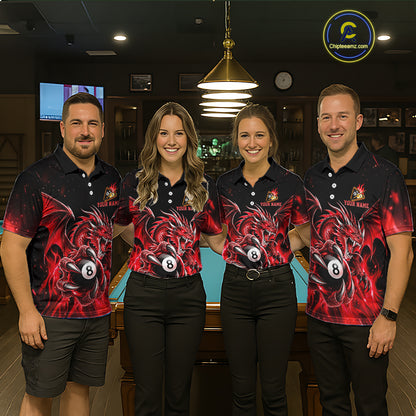 Red Flaming 8 Ball & 9 Ball Dragon Billiard Shirts For Men Custom Pool Team Jersey Polo & 1/4 Zip TDM7938