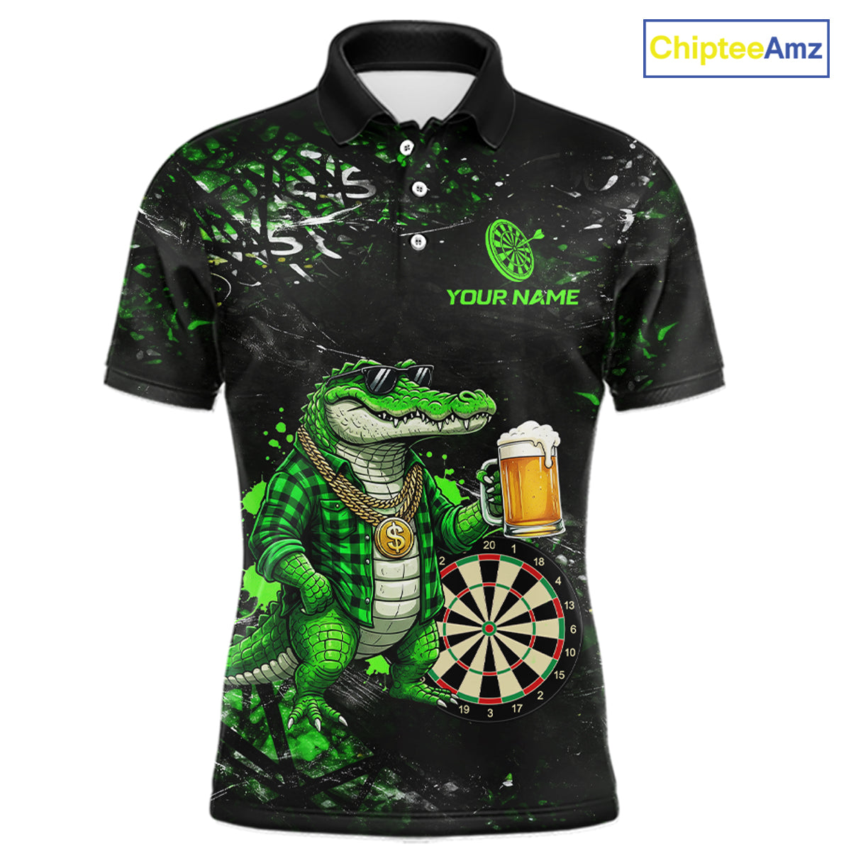Green Grunge Funny Alligator Darts Shirt For Men Custom Darts Jersey Polo & 1/4 Zip, Darts Gifts TDM6373