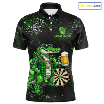 Green Grunge Funny Alligator Darts Shirt For Men Custom Darts Jersey Polo & 1/4 Zip, Darts Gifts TDM6373