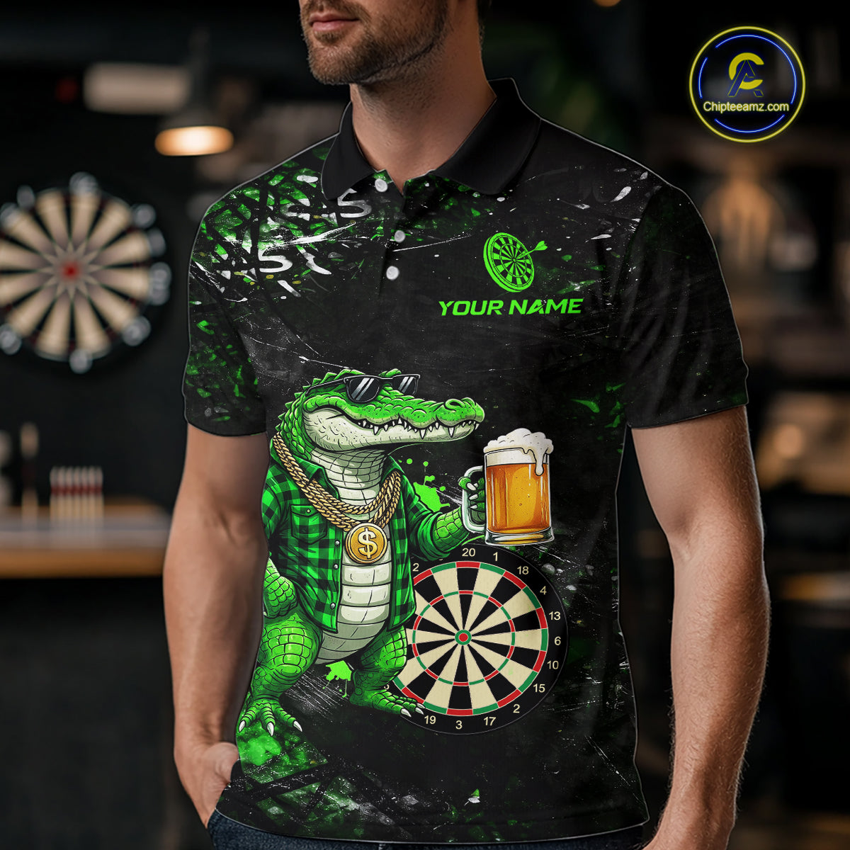 Green Grunge Funny Alligator Darts Shirt For Men Custom Darts Jersey Polo & 1/4 Zip, Darts Gifts TDM6373