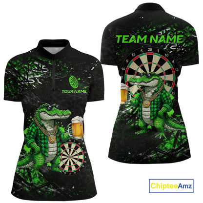 Green Grunge Funny Alligator Darts Shirt For Women Custom Darts Jersey Polo & 1/4 Zip, Darts Gifts TDM6373