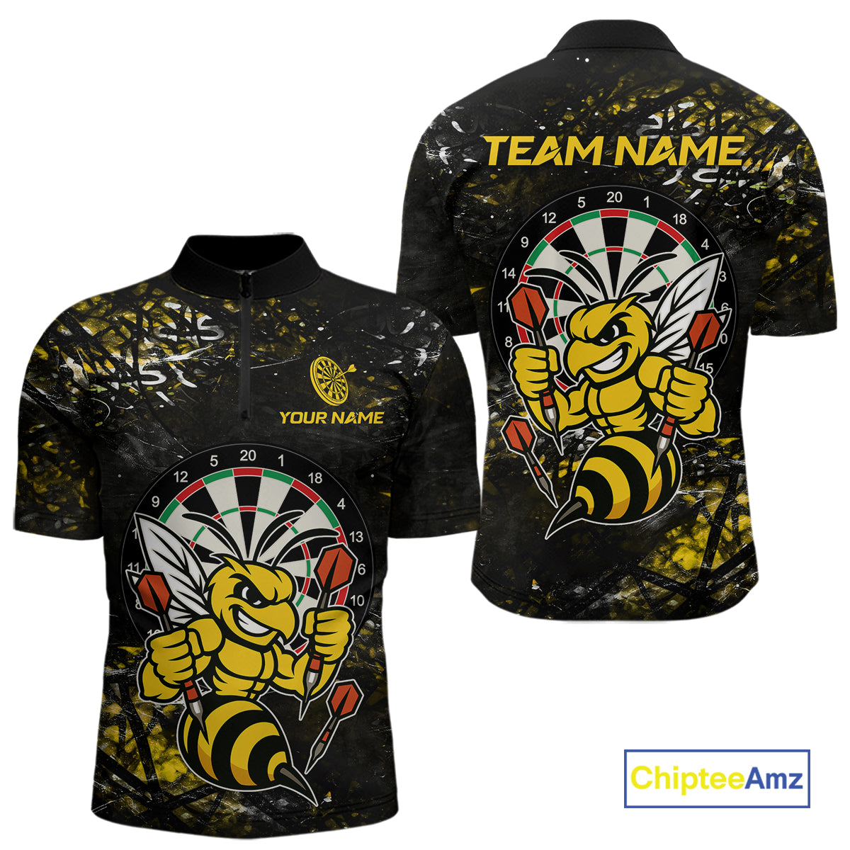 Yellow Grunge Funny Bee Darts Shirt For Men Custom Darts Jersey Team Polo & 1/4 Zip, Darts Gifts TDM6374