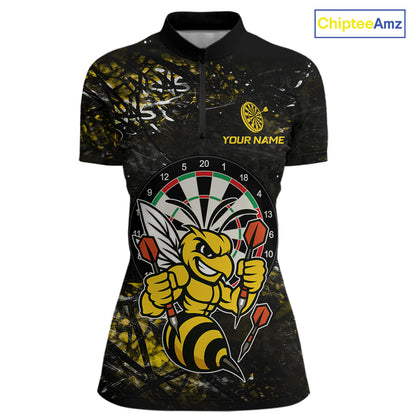 Yellow Grunge Funny Bee Darts Shirt For Women Custom Darts Jersey Team Polo & 1/4 Zip, Darts Gifts TDM6374