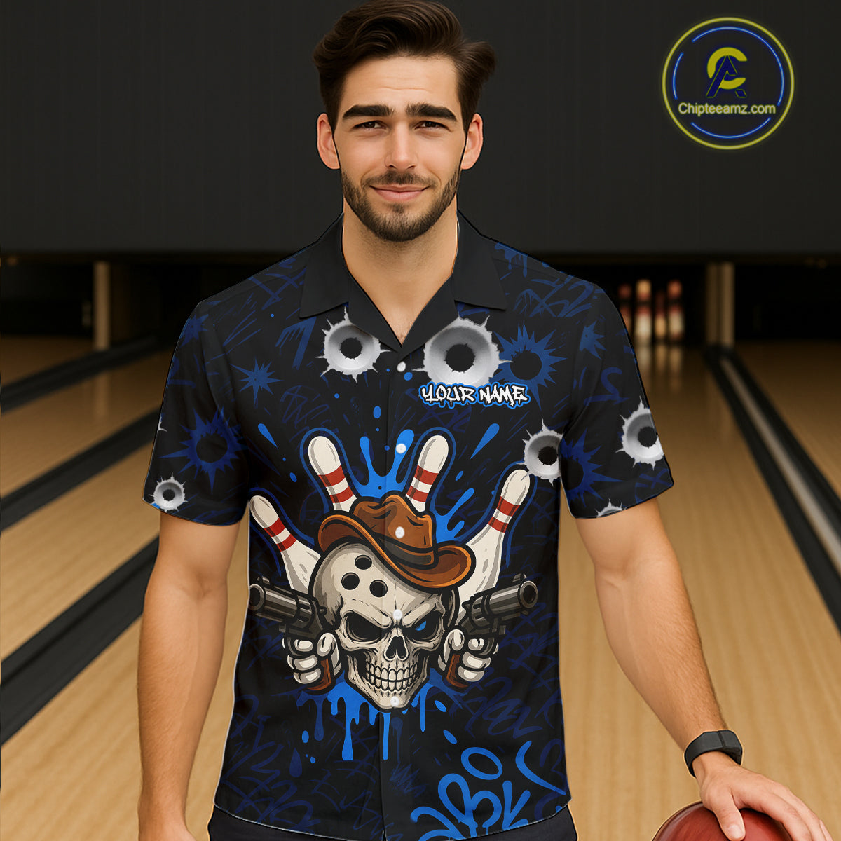 Man wearing black and blue funny cowboy skull bowling Hawaiian shirt featuring cowboy skull artwork, front view.