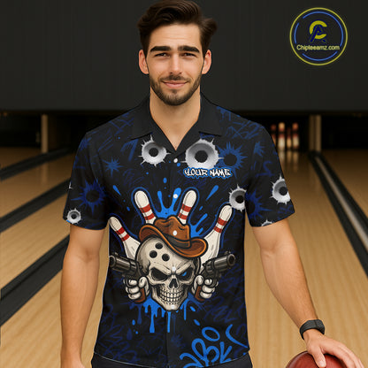 Man wearing black and blue funny cowboy skull bowling Hawaiian shirt featuring cowboy skull artwork, front view.