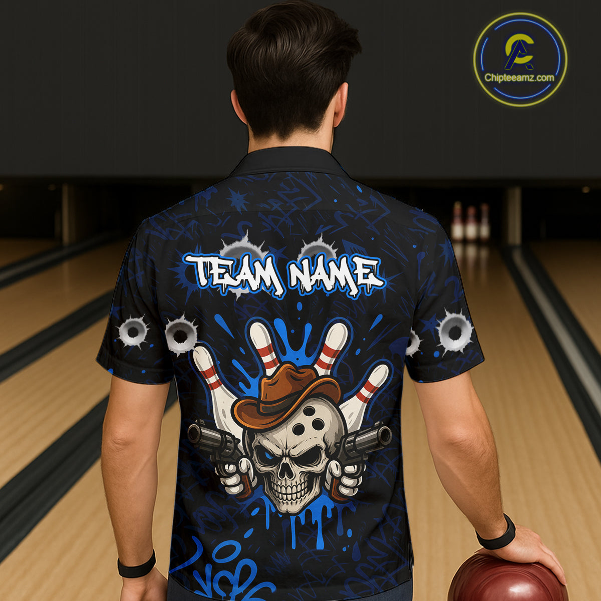 Man wearing black and blue funny cowboy skull bowling Hawaiian shirt featuring cowboy skull artwork, back view.