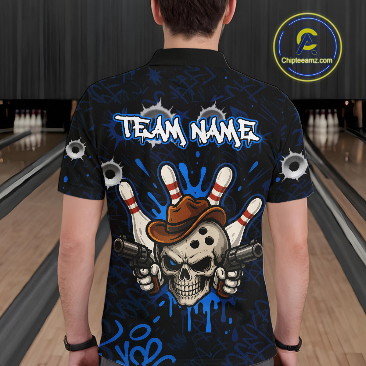 Man wearing black and blue funny cowboy skull bowling team jersey polo shirt featuring cowboy skull artwork, back view.