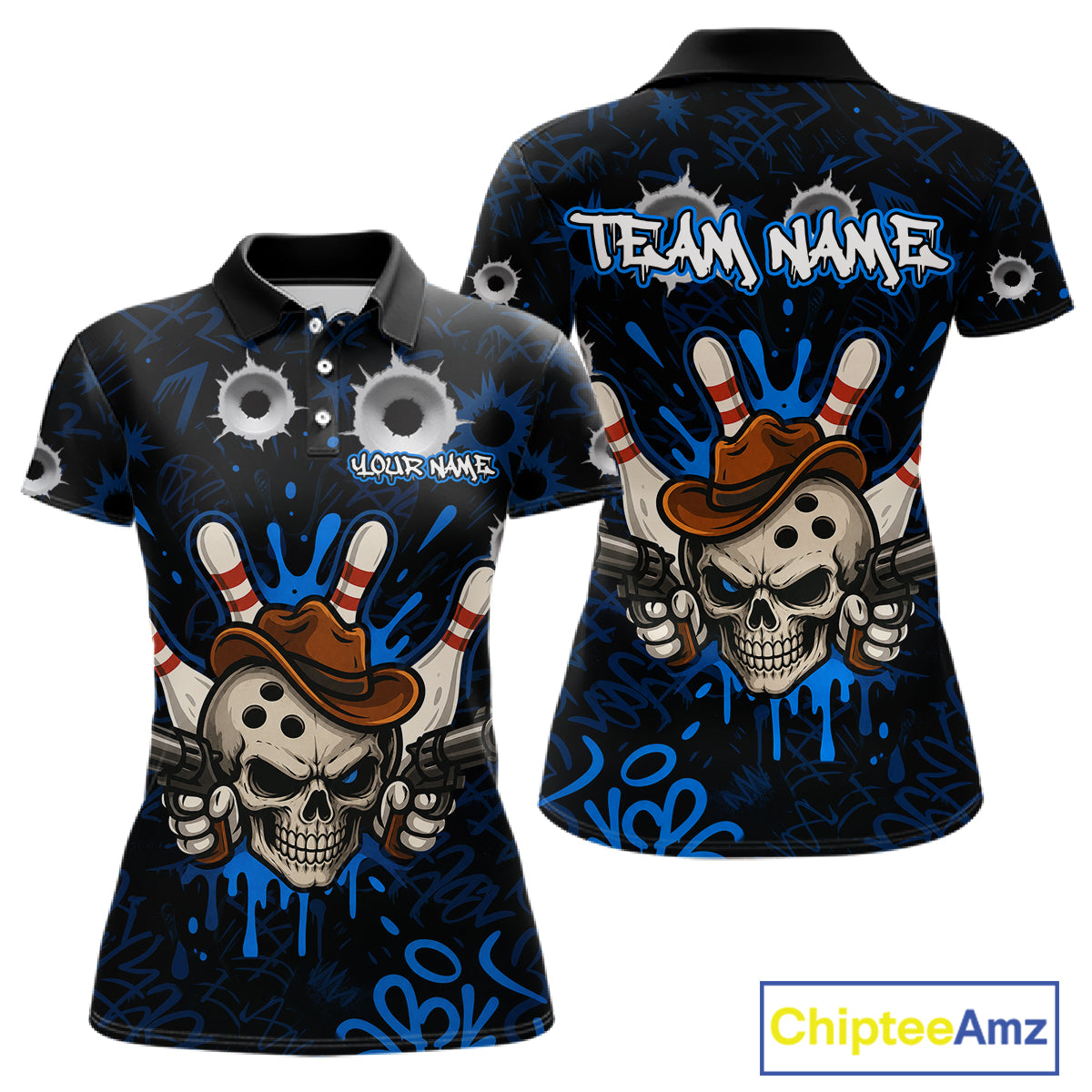 Black and blue funny cowboy skull bowling team jersey polo shirt for women featuring a cowboy skull bowling design, premium custom bowling league apparel for tournaments and team play.