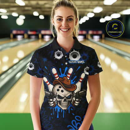 Woman wearing black and blue funny cowboy skull bowling team jersey polo shirt featuring cowboy skull artwork, front view.