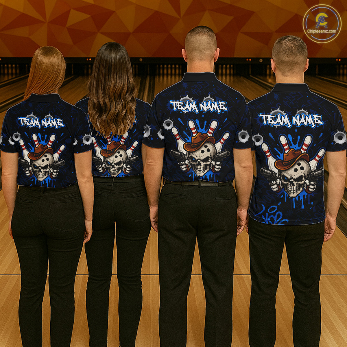 Bowling team wearing matching black and blue funny cowboy skull bowling team jerseys, back view.